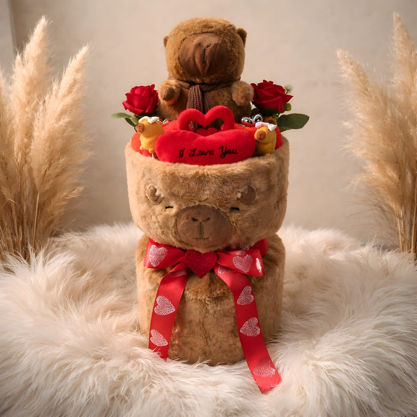 Плюшено мече в кошничка, заобиколено от червени и бели рози.